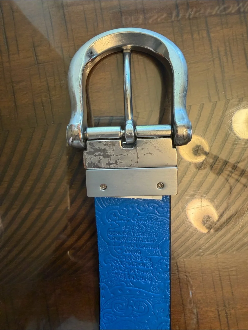 Robert Graham men’s Embossed Black Leather Belt with Bright Blue Lining